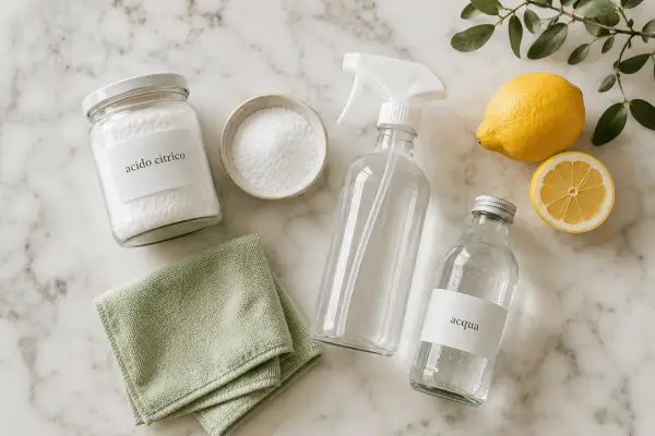 Ingredienti per come fare l'ammorbidente: acido citrico, acqua, limone e un panno.