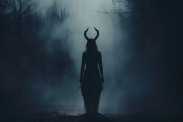 Silhouette einer Frau mit Hörnern im Nebel, bereit für das Halloween Fest des Teufels.