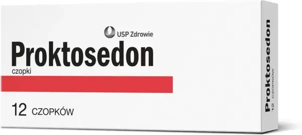 Opakowanie czopków Proktosedon z napisem "12 czopków" i czerwonym pasem.