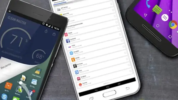 Tres móviles muestran cómo limpiar el móvil con la app Clean Master, optimizando almacenamiento y RAM.