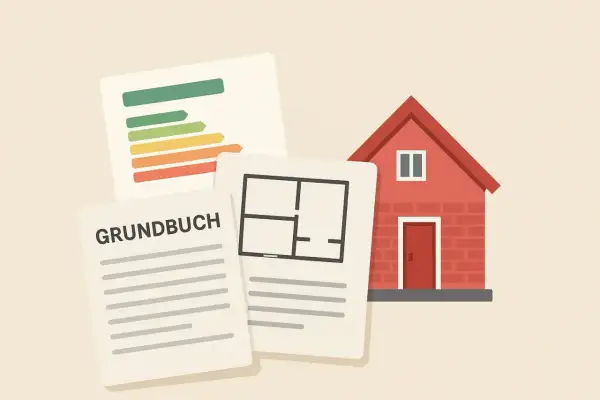 Grundbuch, Grundriss und Energieausweis für den unterlagen hausverkauf privat. Ein rotes Haus im Hintergrund.
