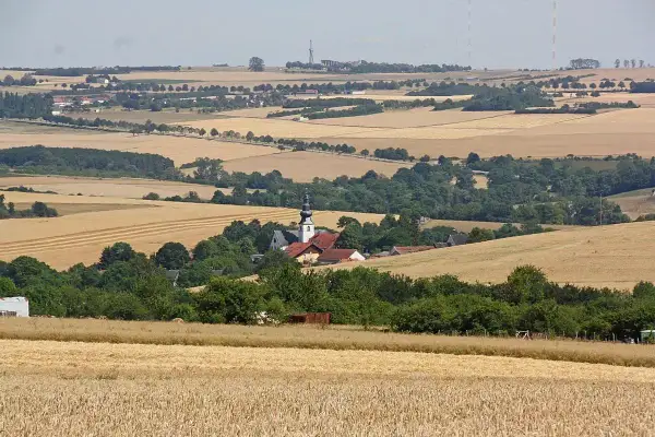Wie wiele kościół ma ziemi w Polsce? Widok na wieś z kościołem i polami zbóż.