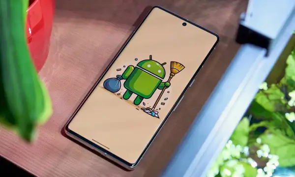 El robot de Android barre basura, simulando que es borrar caché.