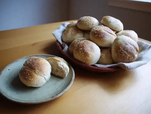 Färska frallor med sesamfrön, redo att avnjutas. En korg full av nybakade godsaker och en tallrik med en delad fralla. Perfekt för frukost eller fika.