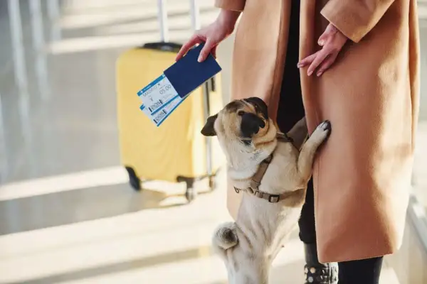Osoba trzyma bilety lotnicze, obok stoi żółta walizka i mops w szelkach.