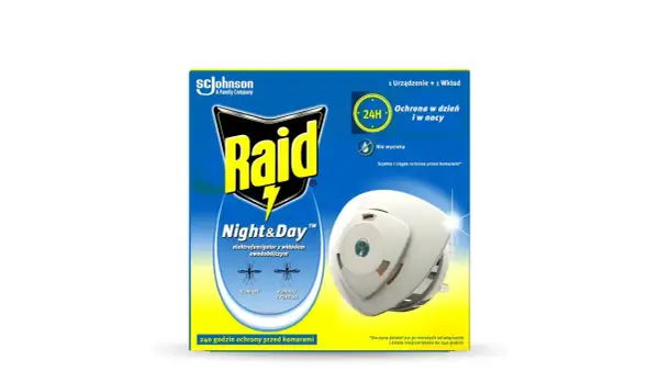 Elektrofumigator Raid Night&Day do gniazdka zapewnia 240 godzin ochrony przed komarami, działając dzień i noc.
