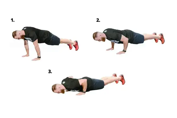 Trzy etapy pompki: start, opuszczanie i dół. W tym ćwiczeniu pracują klatka piersiowa, triceps i barki.