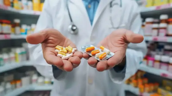 Farmaceuta pokazuje leki w dłoniach, sugerując możliwość refundacji.
