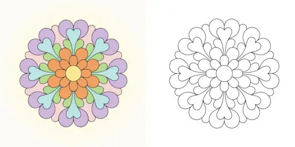 Mandala colorata e versione in bianco e nero, perfette per stampare semplici mandala da colorare e dare sfogo alla creatività.