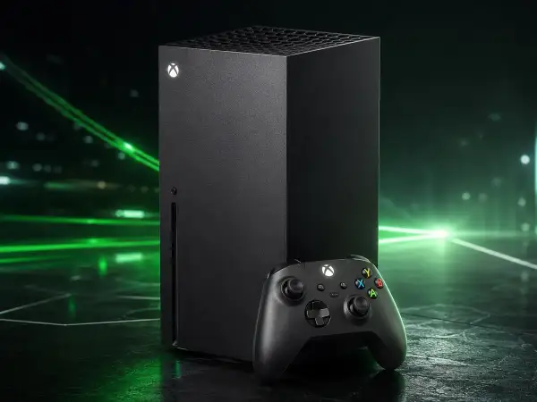 Czarny Xbox Series X, konsola nowej generacji, obok kontrolera na tle zielonych świateł.