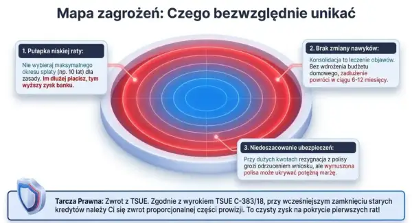 Mapa zagrożeń: pułapka niskiej raty, brak zmiany nawyków (konsolidacja leczy objawy), niedoszacowanie ubezpieczeń. Tarcza Prawna: zwrot prowizji.