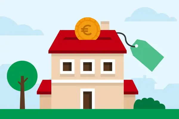 Casa con salvadanaio a forma di tetto, moneta euro e cartellino prezzo. Illustra i passaggi per acquisto casa con agenzia.