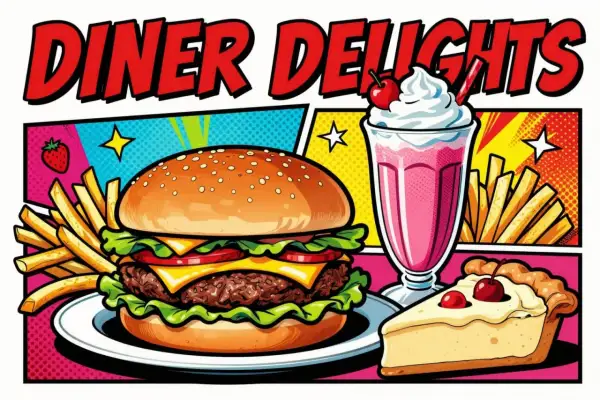 A vibrant pop art food scene featuring a juicy burger, fries, a pink milkshake, and a slice of pie, all under the bold "Diner Delights" title.