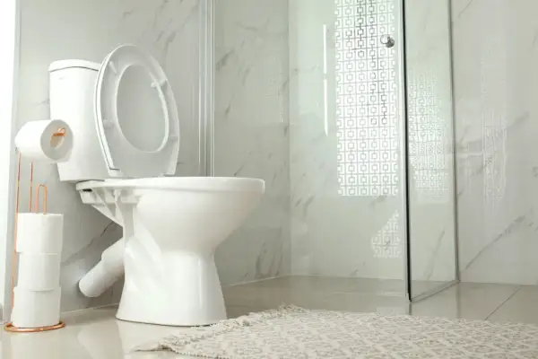 A modern bathroom with a white toilet, open lid, and a copper toilet paper holder. The toilet is not flushing, causing a minor inconvenience.