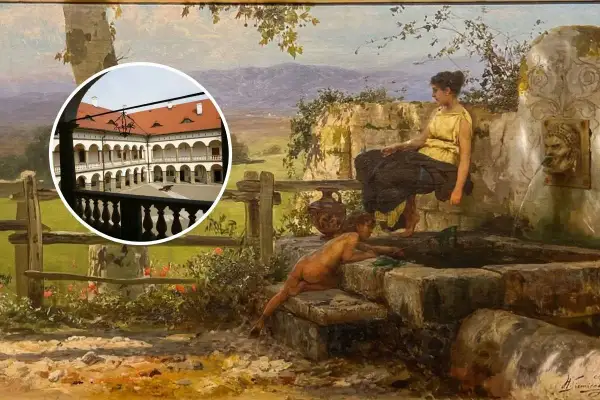 Obraz przedstawia scenę z antyczną fontanną i dwiema postaciami, a w tle widok na dziedziniec pałacowy. To charakterystyczny kierunek w malarstwie Siemiradzkiego.