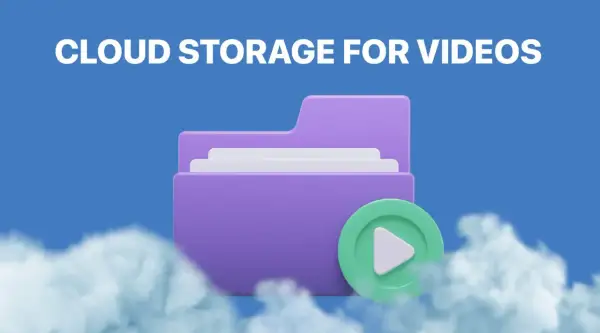 A purple folder icon with a play button, symbolizing cloud storage for videos, floats among soft clouds against a blue sky.