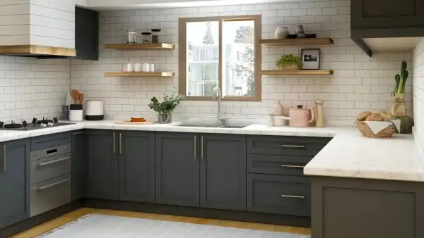 Cocina moderna con muebles oscuros y encimeras de mármol. Se aprecian detalles de las medidas puertas muebles de cocina, estantes y electrodomésticos.