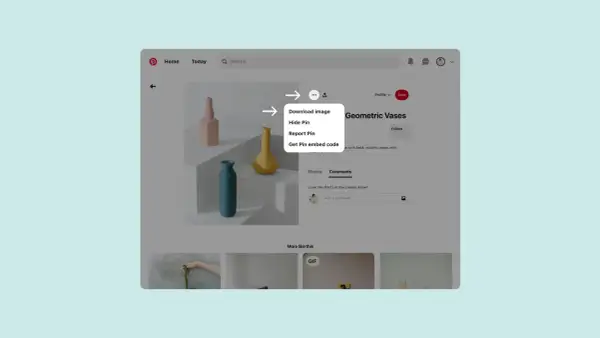 Widok ekranu z Pinteresta, pokazujący menu pobierania obrazu z wazami.