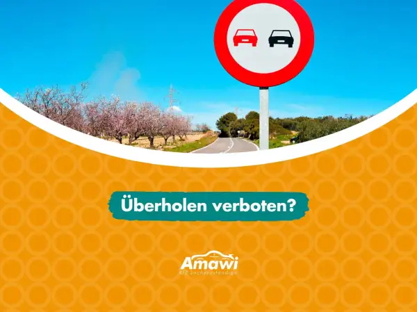 Verkehrsschild "Überholen verboten" (VZ 276) vor blühenden Bäumen und einer Straße. Frage: Überholen verboten?