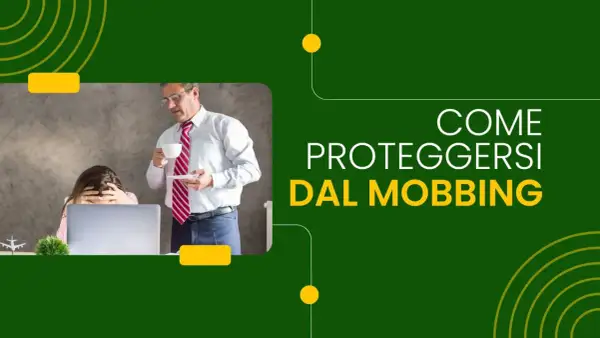 Uomo con tazza osserva donna stressata al computer. Immagine illustra come proteggersi dal mobbing sul lavoro.