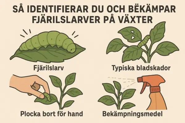 Bilden visar hur man identifierar och bekämpar fjärilslarver inomhus. En stor grön larv på ett blad, bladskador, bortplockning för hand och bekämpningsmedel.