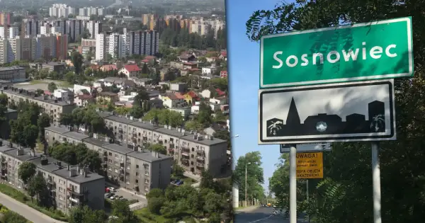 Widok na blokowiska i znak drogowy z napisem Sosnowiec. O co chodzi z sosnowcem? To miasto w Polsce.