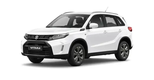 Biały Suzuki Vitara 2025, gotowy na przygody. Stylowy SUV z czarnymi akcentami i nowoczesnymi światłami.