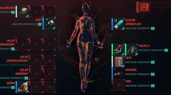 Interfejs ripperdoca pokazuje cybernetyczne ulepszenia ciała: mózg, oczy, szkielet, ręce, nogi i skórę.