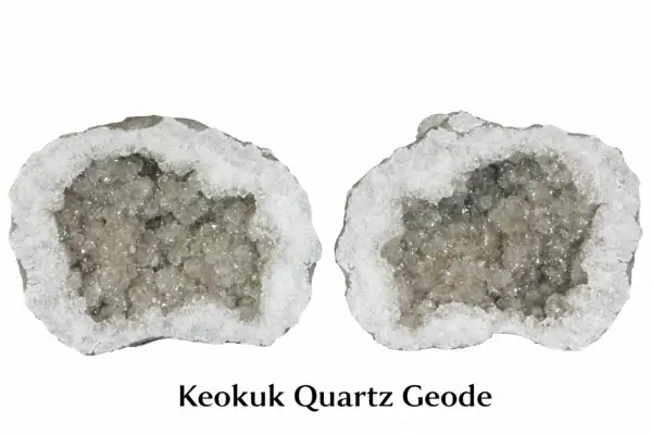 Dwie połówki geody kwarcowej z kryształkami kwarcu w środku.