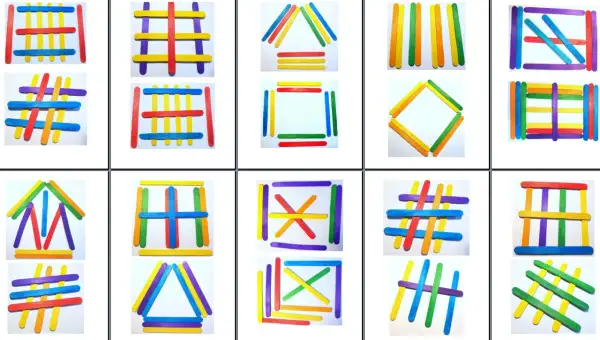 Kolorowe patyczki tworzą różne figury geometryczne i wzory. To kreatywna gra z patyczkami, która rozwija wyobraźnię.