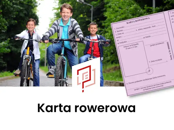Trzech uśmiechniętych chłopców na rowerach, obok różowa karta rowerowa. To ich prawo jazdy na rower!