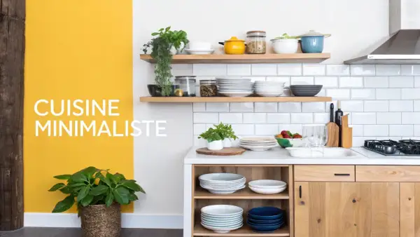 Cuisine minimaliste avec vaisselle empilée et plantes vertes. Le home staging met en valeur la simplicité et la fonctionnalité.