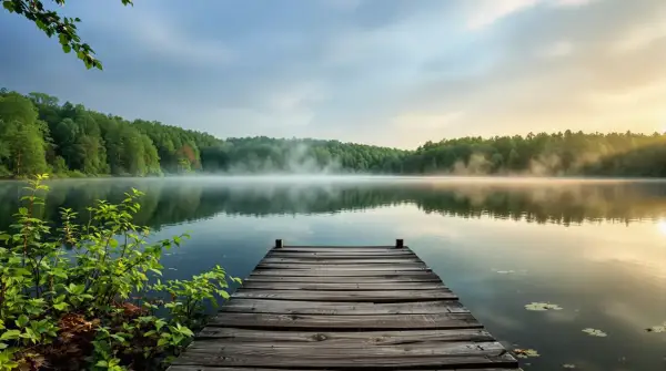 Drewniany pomost nad spokojnym jeziorem kacze oko, otoczonym lasem. Poranna mgła unosi się nad wodą, tworząc magiczną atmosferę.