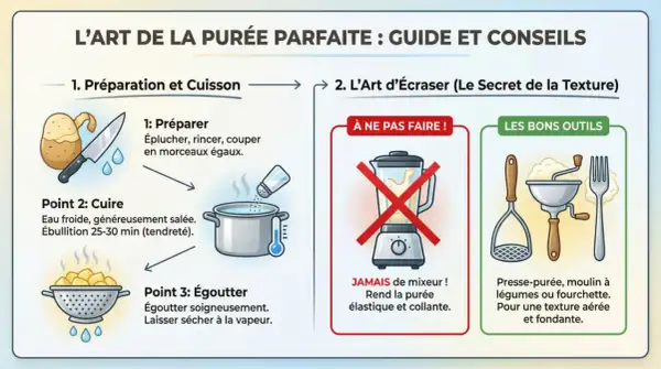 Guide pour une purée maison parfaite : préparation, cuisson, égouttage. Évitez le mixeur, privilégiez presse-purée ou fourchette pour une texture aérée.