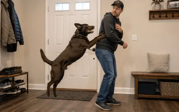 A man in jeans and a hoodie tries to stop his excited dog from jumping on him. This image illustrates how to stop a dog from jumping on people.