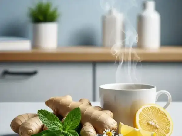 Gorąca herbata z imbirem, cytryną i miętą. Idealna na przeziębienie, jak naturalny anaketon.