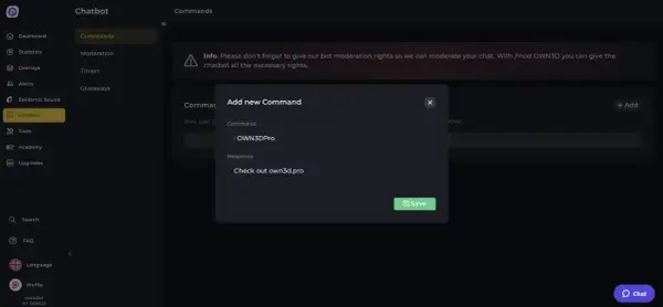 Ein Fenster zum Twitch bot einrichten zeigt, wie man einen neuen Befehl mit der Antwort "Check out own3d.pro" hinzufügt.