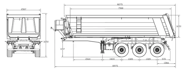 Plan technique d'une semi-remorque benne, montrant sa largeur de 2507 mm et d'autres dimensions essentielles.