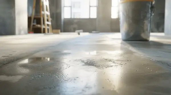 Sol fraîchement préparé pour un ragréage étanche. Un seau et une échelle sont visibles en arrière-plan.