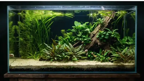 Un aquarium luxuriant avec des plantes aquatiques et des escargots. Un écosystème sain aide à comment éliminer le nitrate dans l'eau naturellement.