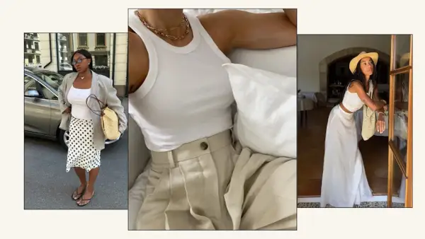 Tre kvinnor visar upp sina vita singlets i olika stilar: en med kavaj och prickig kjol, en annan med beige byxor, och en tredje med vit maxikjol och stråhatt.