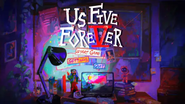 GOG darmowe gry: "Us Five Forever" – menu gry z opcjami "Start Game", "Settings", "Quit".