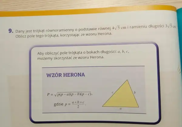 Żółty trójkąt z oznaczeniami boków a, b, c i wzorem Herona.