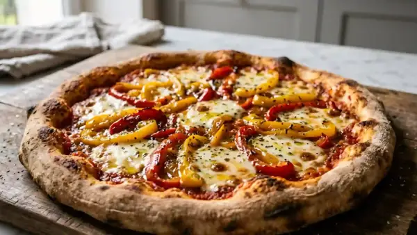 Une délicieuse pizza poivron rouge et jaune, garnie de mozzarella fondante et d'herbes, sur une planche en bois rustique.