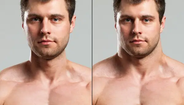 Split image shows a man's face and upper chest. The left side shows a less defined neck, while the right side, after neck training, displays a more muscular and sculpted appearance.