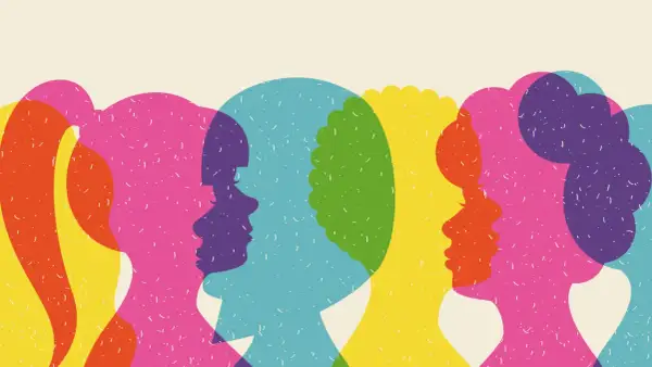 Kleurrijke silhouetten van hoofden, overlappend en in gesprek. Een subtiele hint van manipulatief gedrag in de interactie.
