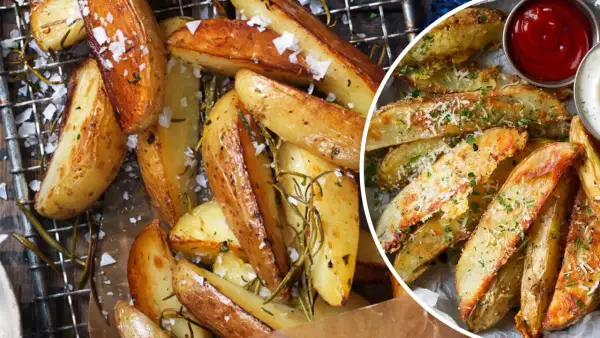 Krispiga klyftpotatis i ugn, strösslade med flingsalt och rosmarin. En del är toppade med parmesan och persilja.