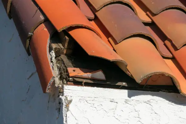 Tejas rotas y madera expuesta en un tejado antiguo, indicando la necesidad de impermeabilizar tejado antiguo para evitar daños mayores.