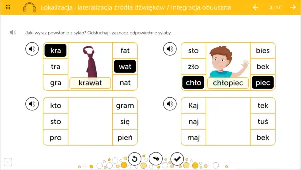 Ćwiczenia do druku: percepcja słuchowa. Dopasuj sylaby do obrazków i słów, np. "krawat" i "chłopiec".