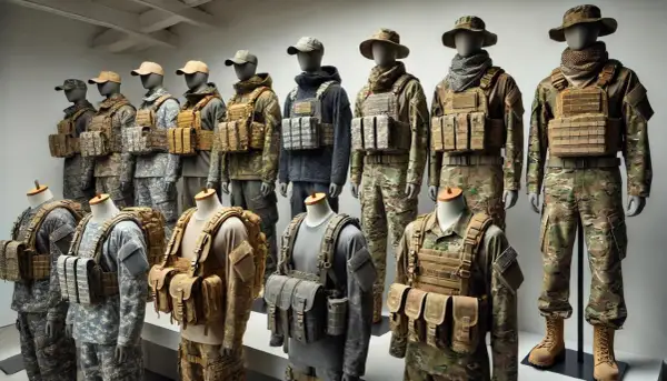 Maniquíes exhiben diversos tipos de camuflaje militar, desde patrones digitales hasta diseños de bosque, con chalecos tácticos y equipo.
